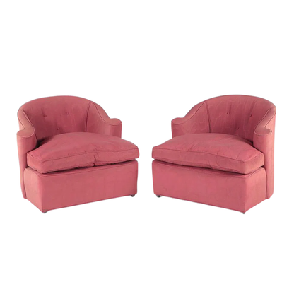 PAIR OF VINTAGE ROUGE UPHOLSTERED SCROLL ARM CLUB CHAIRS