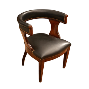 REGENCY STYLE LEATHER UPHOLSTERED BARREL BACK ARMCHAIR