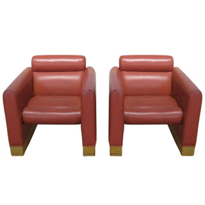 PAIR OF KARL SPRINGER STYLE  RED FAUX LEATHER CLUB CHAIRS