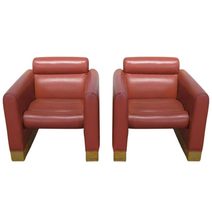 PAIR OF RED VINYL UPHOLSTERED KARL SPRINGER STYLE CLUB CHAIRS