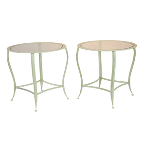 PAIR OF OUTDOOR PAINTED GREEN METAL & GLASS ROUND SIDE TABLES