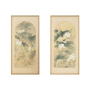 CECILIA LIN (TAIWANESE, 20TH CENTURY) STILL LIVES WITH WATER LILIES AND BUTTERFLIES (A PAIR)