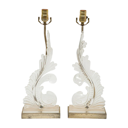 A PAIR OF ACRYLIC FOLIATE SCROLL TABLE LAMPS