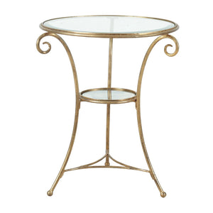 HOLLYWOOD REGENCY GILT IRON AND GLASS GUERIDON SIDE TABLE