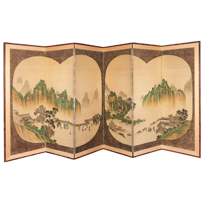 SIX PANEL JAPANESE BYOBU STYLE WATERCOLOR SCREEN