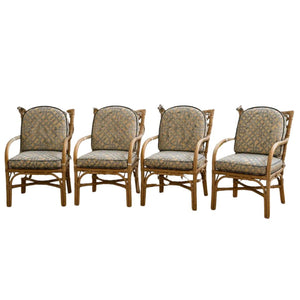 SET OF FOUR VINTAGE RATTAN CHAIRS IN JIM THOMPSON FRETWORK BLUE AND BEIGE FABRIC