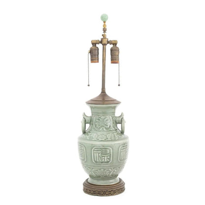 ASIAN GLAZED PORCELAIN CELADON LAMP WITH HANDLES