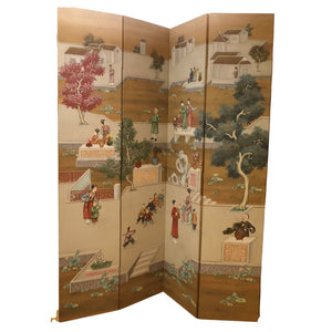 FOUR PANEL CHINOISERIE SCENIC HANDPAINTED SCREEN