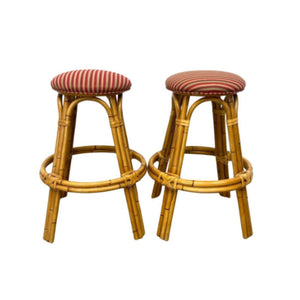 PAIR OF RATTAN BARSTOOLS WITH ROUND FABRIC SEAT