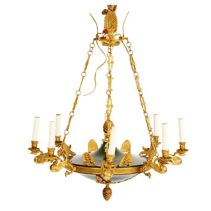 EMPIRE STYLE GILT AND PATINATED METAL EIGHT LIGHT CHANDELIER WITH BIRD MOTIF