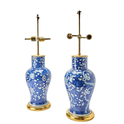 BLUE AND WHITE CHINESE EXPORT LAMPS WITH CUSTOM GILT BASES