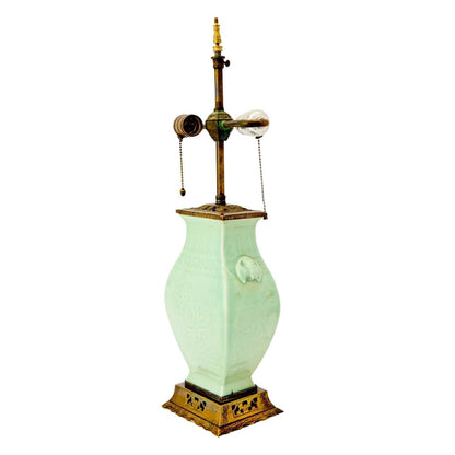 CELADON ASIAN GLAZED PORCELAIN LAMP WITH CHINOISERIE BRASS BASE