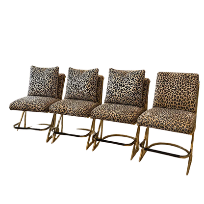 SET OF FOUR LEOPARD PRINT BRASS BAR STOOLS