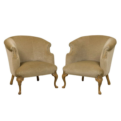 PAIR OF BARREL BACK LOUIS XV STYLE MOHAIR BERGERES