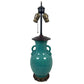 ASIAN CRACKLE GLAZED TURQUOISE CERAMIC LAMP ON CARVED WOOD BASE