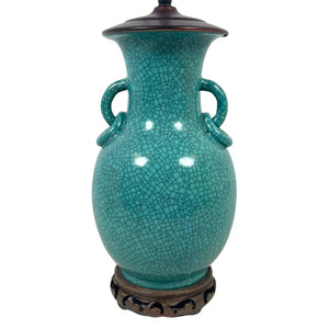 ASIAN CRACKLE GLAZED TURQUOISE CERAMIC LAMP ON CARVED WOOD BASE