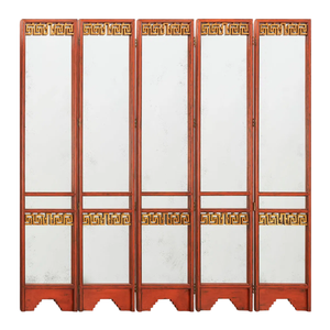 FIVE PANEL RED LACQUER & GILT MIRROR SCREEN