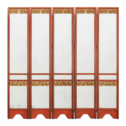 FIVE PANEL RED LACQUER & GILT MIRROR SCREEN