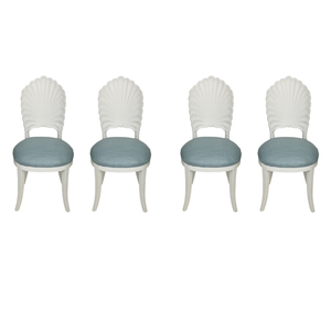 SET OF FOUR SHELL BACK SIDE CHAIRS NEWLY UPHOLSTERED IN LIGHT BLUE FABRIC