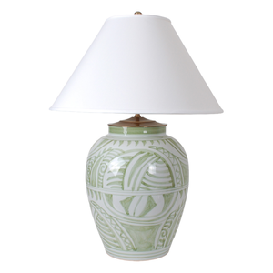 CHINOISERIE LIGHT GREEN GEOMETRIC MOTIF JAR LAMP