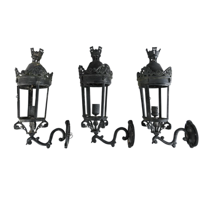 SET OF THREE ORNATE OUTDOOR IRON LANTERNS