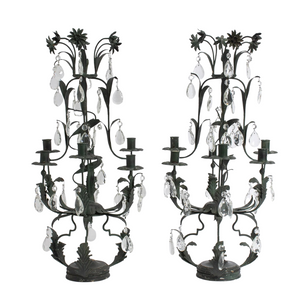 PAIR FOLIATE METAL & DROP CRYSTAL SIX LIGHT CANDELABRAS