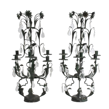 PAIR FOLIATE METAL & DROP CRYSTAL SIX LIGHT CANDELABRAS