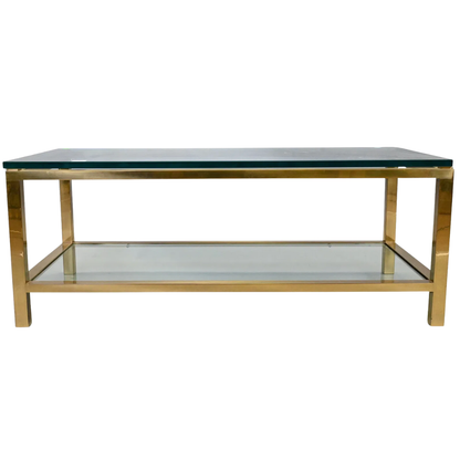MID CENTURY MODERN MASTERCRAFT STYLE TWO TIERED BRASS AND GLASS COFFEE TABLE