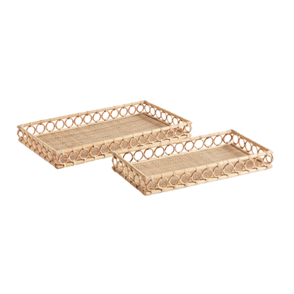 SET OF 2 RATTAN SERVING TRAYS WITH CIRCLE DETAILS