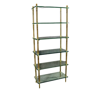 JANSEN STYLE SIX SHELF BRASS AND GLASS ETAGERE