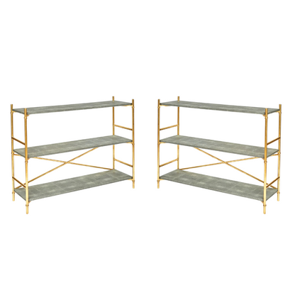 PAIR OF FAUX SHAGREEN & GILT METAL THREE TIER ETAGERES