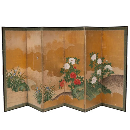 SIX PANEL JAPANESE BYOBU SCENIC GOLD AND PEONY SCREEN