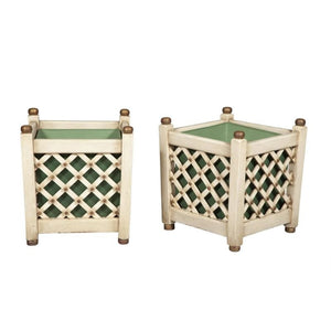 PAIR OF LATTICE MOTIF PAINTED WOOD PLANTERS