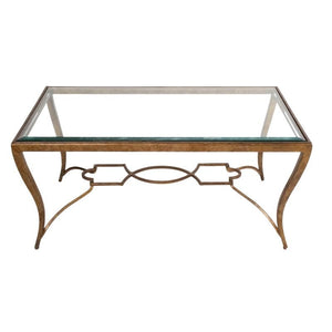 BERNHARDT ANTIQUED GILT METAL AND GLASS COCKTAIL TABLE