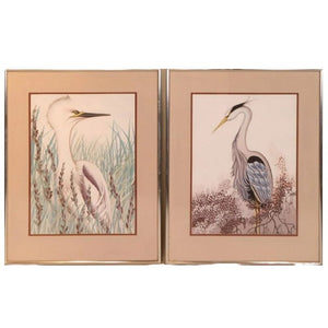 TWO FRAMED GOUACHE OF BLUE HERON AND SNOWY EGRET