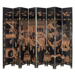 TALL EIGHT PANEL LACQUERED COROMANDEL CHINESE SCREEN