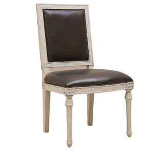 LOUIS XVI STYLE PAINTED SIDE CHAIR WITH CHOCOLATE BROWN LEATHER