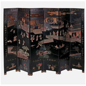 SIX PANEL BLACK JAPANESE SCREEN WITH PAINTED DECORATION