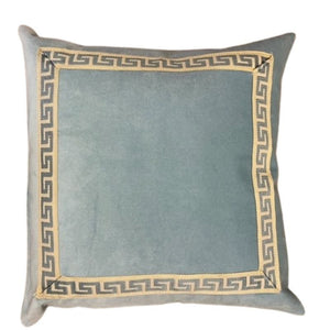 ROBINS EGG BLUE VELVET PILLOW WITH GREEK KEY TAPE DETAIL