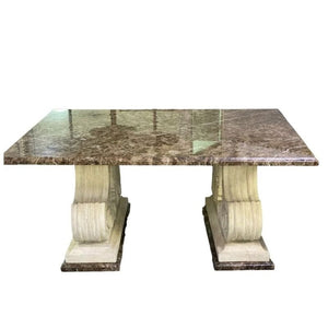 MICHAEL TAYLOR MARBLE TOP & DOUBLE PEDESTAL STONE BASE TABLE