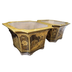 PAIR OF LARGE GLAZED CERAMIC PLANTERS WITH ASIAN SCENE