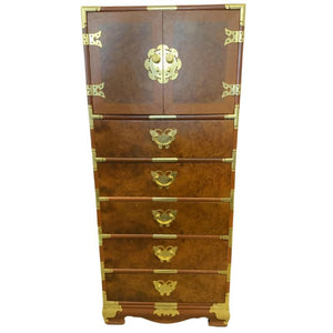 BURL WOOD CAMPAIGN TALL CHEST WITH BRASS BUTTERFLY DETAILS