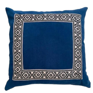 DEEP COBALT BLUE VELVET PILLOW WITH CUSTOM BLACK DETAIL TAPE