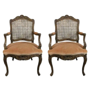 PAIR OF VELVET UPHOLSTERED FRENCH CANE BACK ARM CHAIRS