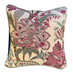 MAGENTA AND OCHRE FLORAL PILLOW WITH SOLID GREEN BACK