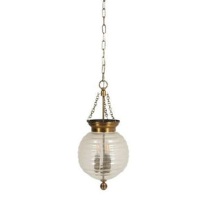 SMALL VINTAGE RIBBED SEEDED GLASS PENDANT WITH BRASS FITTINGS