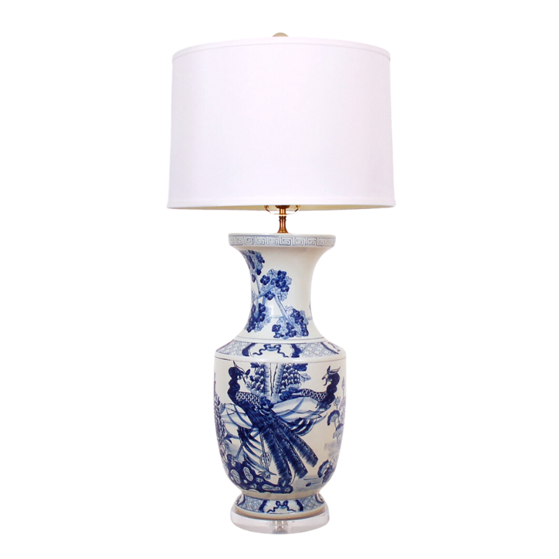 Tindle Raff Base BLUE & WHITE BIRDS & FLOWERS VASE LAMP W/ ACRYLIC BASE