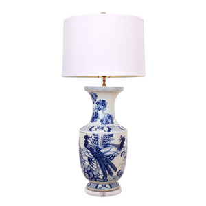 BLUE & WHITE BIRDS & FLOWERS VASE LAMP W/ ACRYLIC BASE