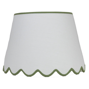 WHITE GRASSCLOTH SHADE WITH GREEN SCALLOPED TRIM