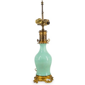 VINTAGE LOUIS XVI BRONZE AND CELADON GLAZE VASE LAMP